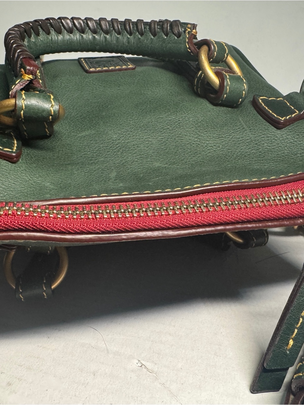 Dooney & Bourke Forest Green Leather Mini micro Florentine Satchel with Red Trim - Picture 3 of 10